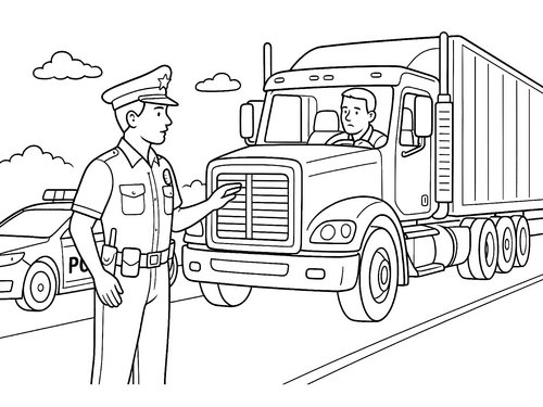 Thumbnail Ausmalbild Verkehrskontrolle LKW