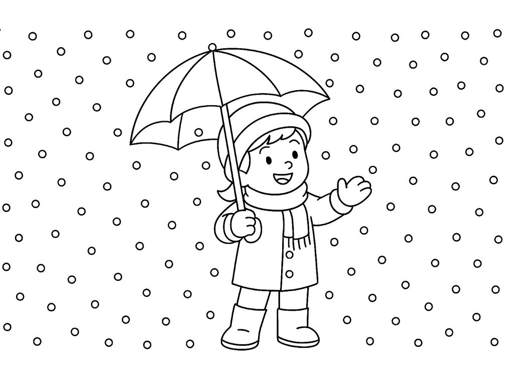 Ausmalbild Winter Kind mit Regenschirm Schnee
