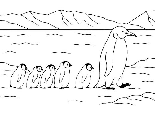 Thumbnail Ausmalbild Pinguin mit Jungtieren