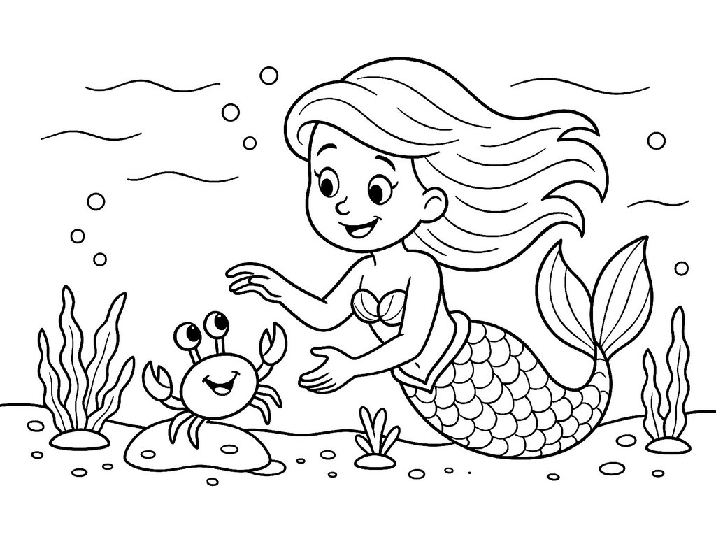 Ausmalbild Meerjungfrau und Krabbe