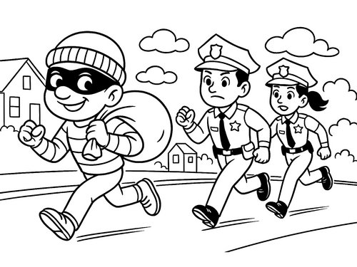Thumbnail Ausmalbild Polizisten verfolgen Dieb