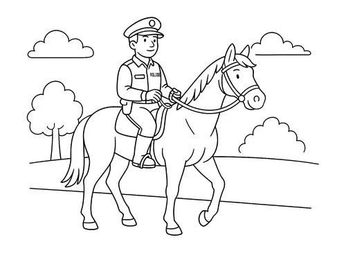 Thumbnail Ausmalbild Polizist auf Polizeipferd