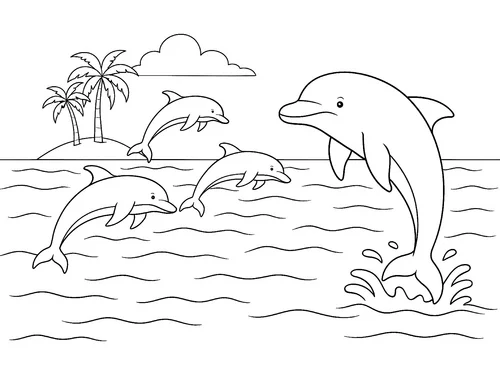 Thumbnail Ausmalbild Delfine und Insel