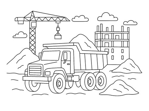 Thumbnail Ausmalbild Kipplaster auf Baustelle
