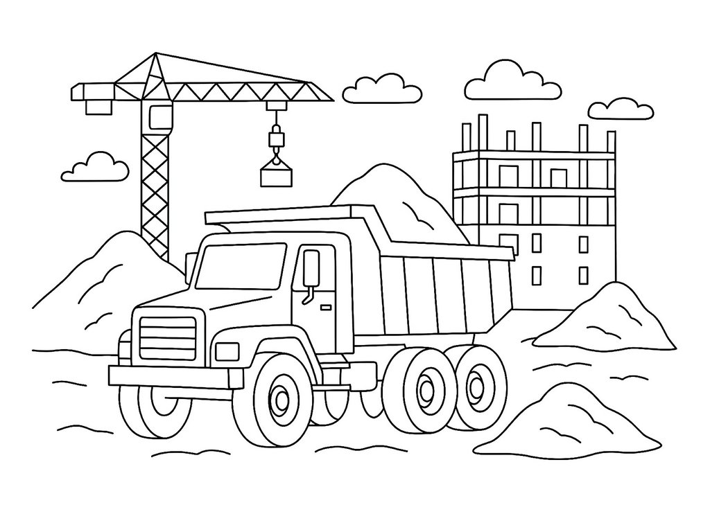 Ausmalbild Kipplaster auf Baustelle