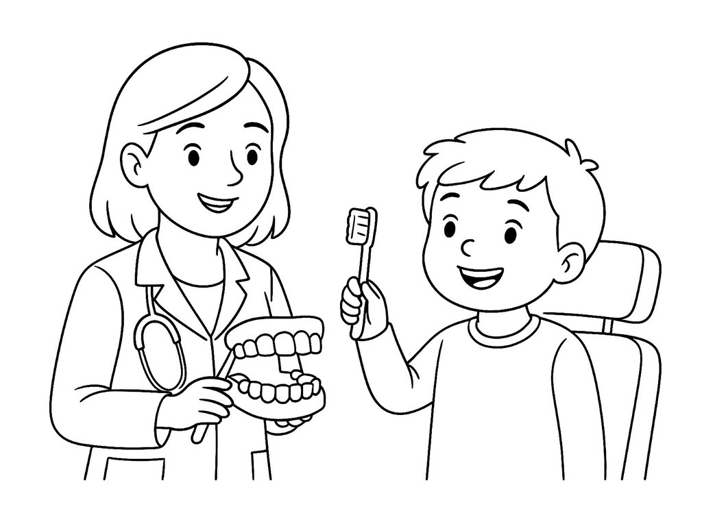 Ausmalbild Zahnärztin zeigt Zähneputzen