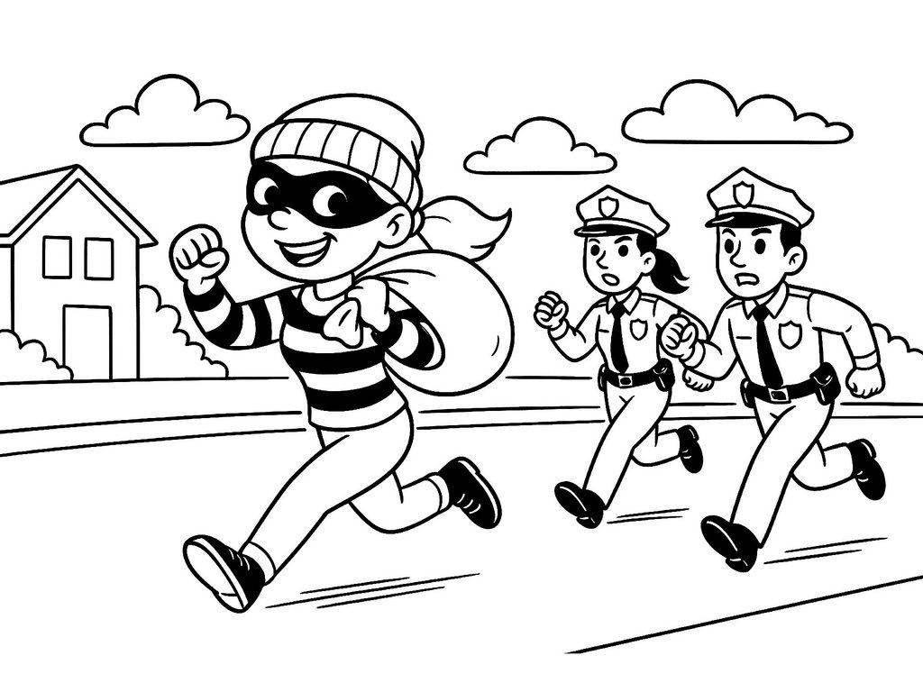 Ausmalbild Polizisten verfolgen Diebin