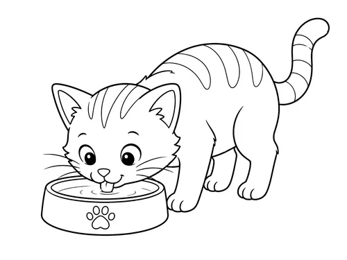 Thumbnail Ausmalbild Katze trinkt aus Napf