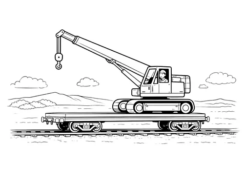 Thumbnail Ausmalbild Kran auf Eisenbahnwagen