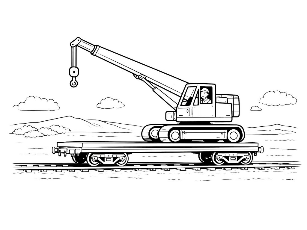 Ausmalbild Kran auf Eisenbahnwagen