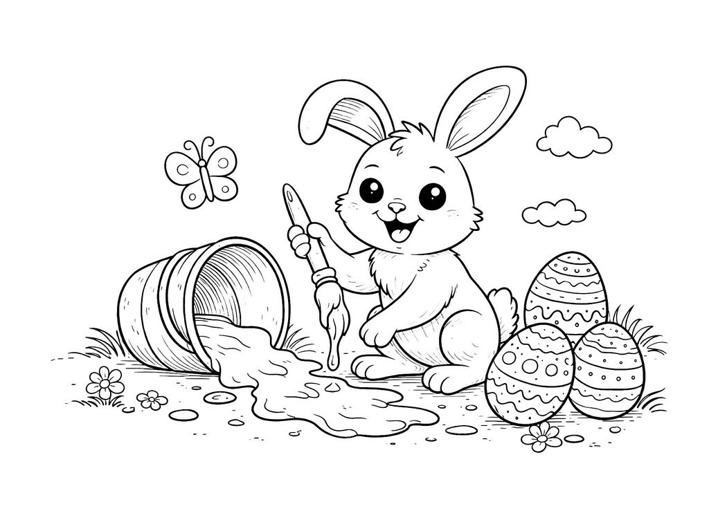 Ausmalbild Osterhase hat Farbe verschüttet