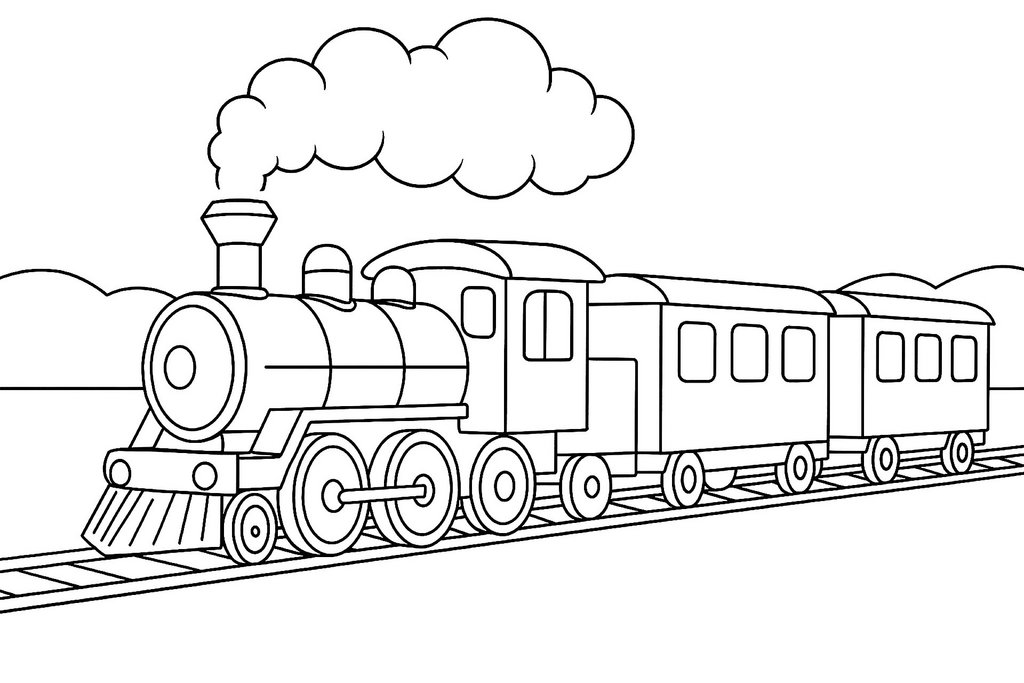 Ausmalbild Dampflok mit Wagen (einfach)
