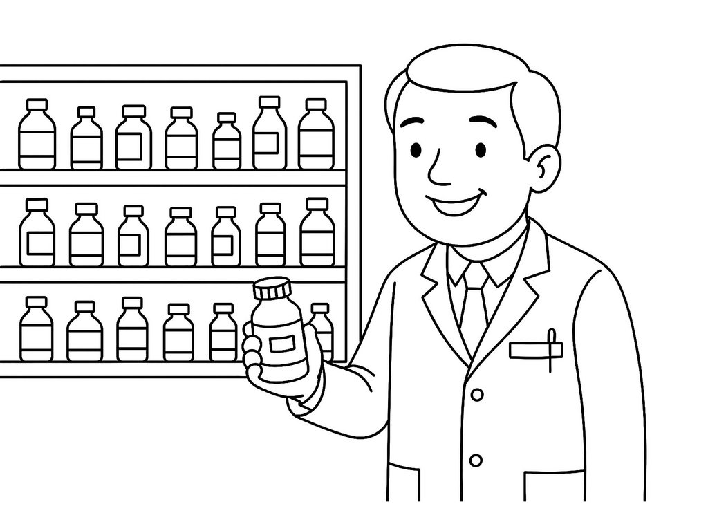 Ausmalbild Arzt mit Medikamenten