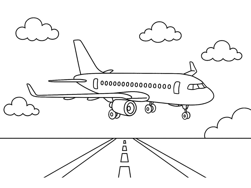Ausmalbild Flugzeug beim Landen