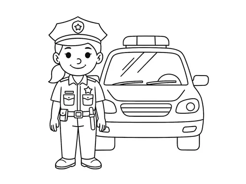 Thumbnail Ausmalbild Polizistin vor Polizeiauto