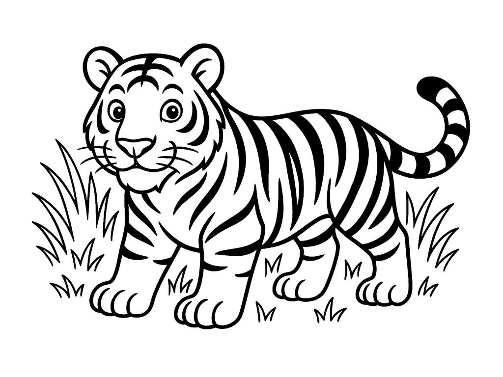 Ausmalbild kleiner stehender Tiger
