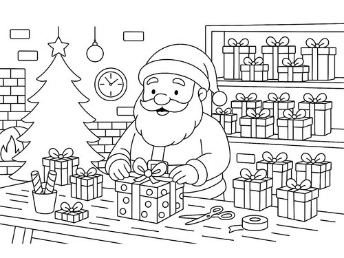 Thumbnail Ausmalbild Weihnachtsmann packt Geschenke