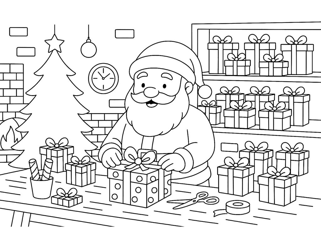 Ausmalbild Weihnachtsmann packt Geschenke