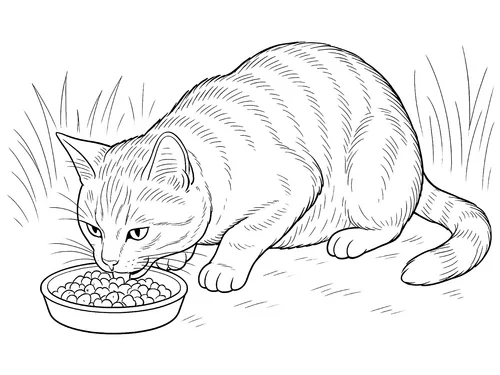 Thumbnail Ausmalbild fressende Katze realistisch