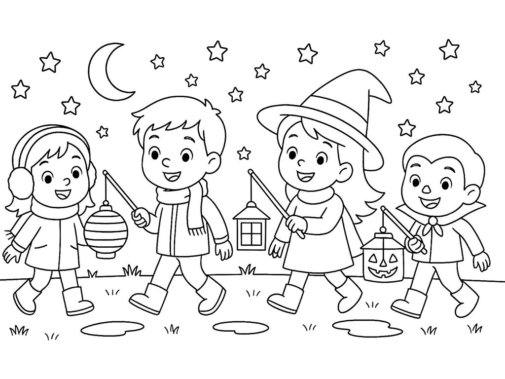 Ausmalbild Herbst Laternenumzug 4 Kinder