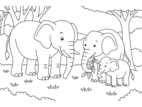 Thumbnail Ausmalbild Elefantenfamilie im Wald