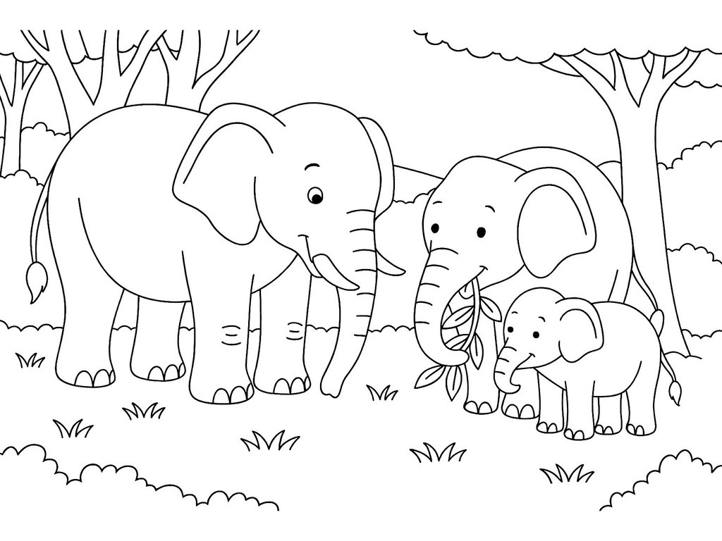 Ausmalbild Elefantenfamilie im Wald