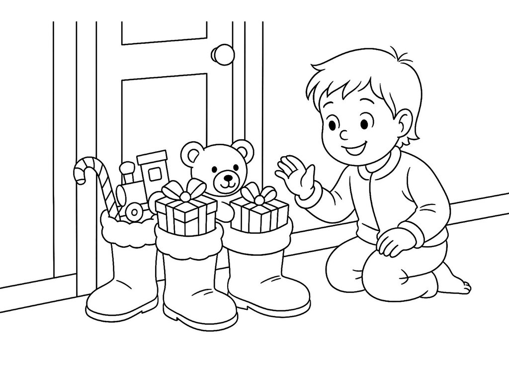 Ausmalbild Nikolaus Kind Stiefel mit Geschenken