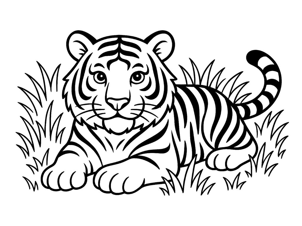 Ausmalbild kleiner Tiger im Gras