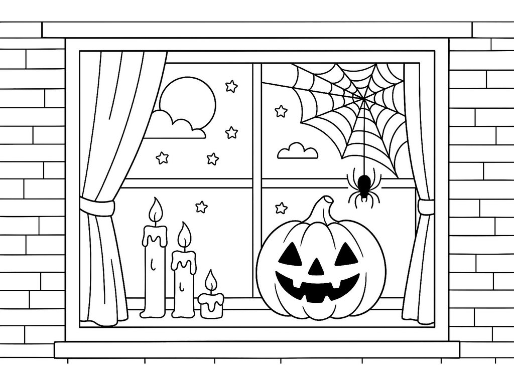Ausmalbild dekoriertes Halloweenfenster