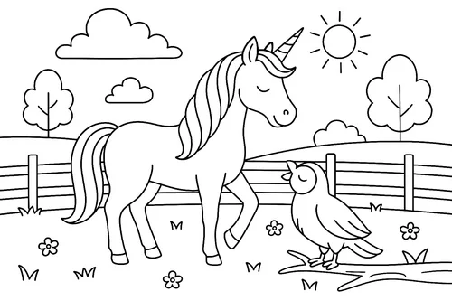 Thumbnail Ausmalbild Einhorn auf der Koppel
