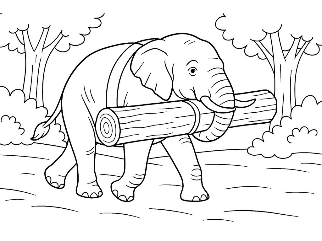 Ausmalbild Elefant trägt einen Baumstamm
