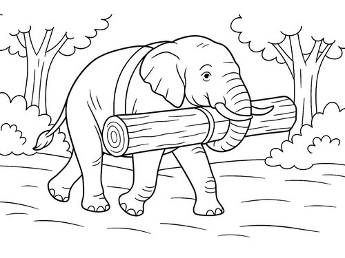 Thumbnail Ausmalbild Elefant trägt einen Baumstamm