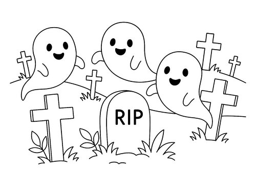 Thumbnail Ausmalbild Halloween Friedhof mit Gespenstern