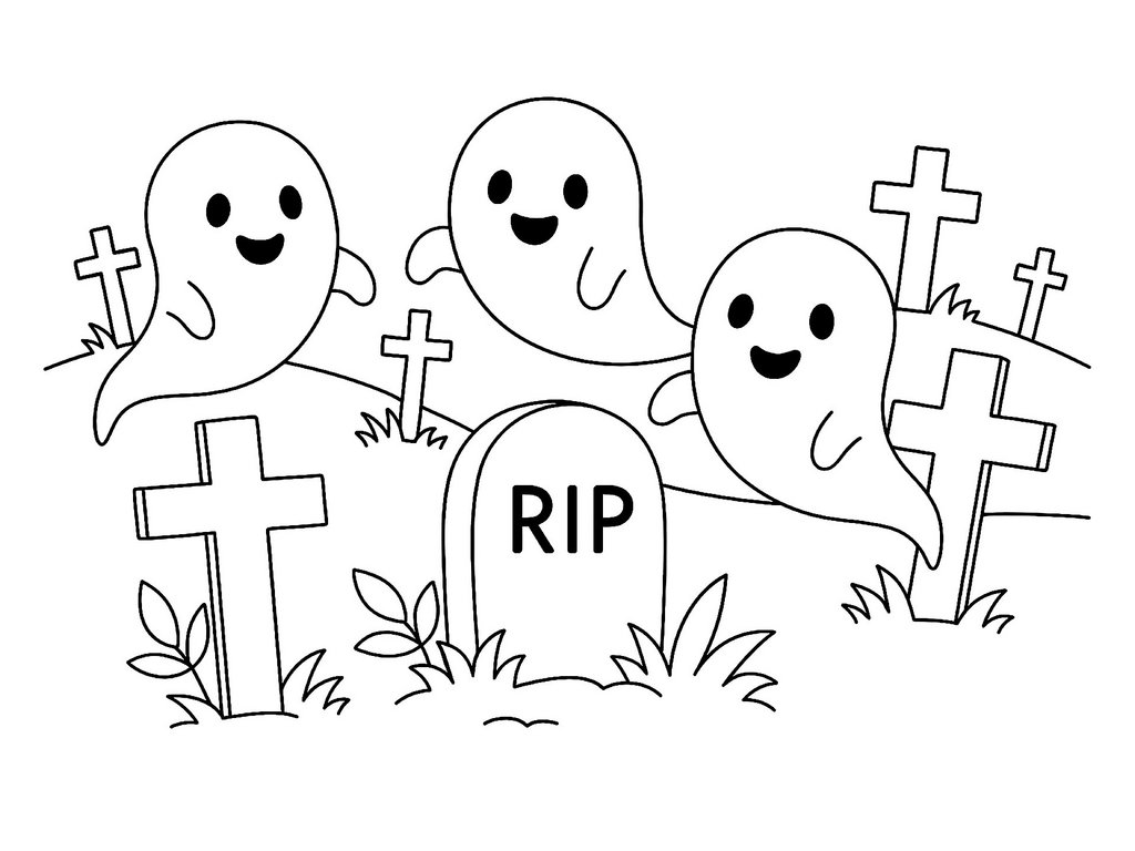 Ausmalbild Halloween Friedhof mit Gespenstern