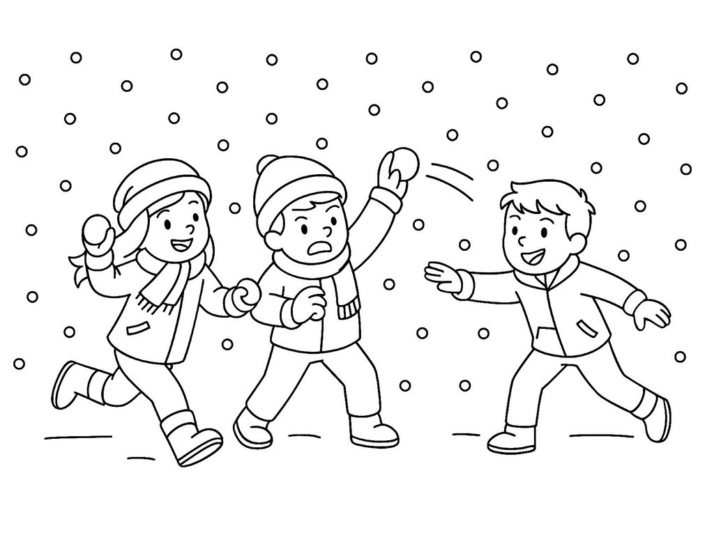 Ausmalbild Winter Schneeballschlacht
