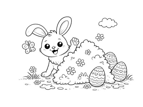 Thumbnail Ausmalbild Osterhase schaut hinter Busch hervor