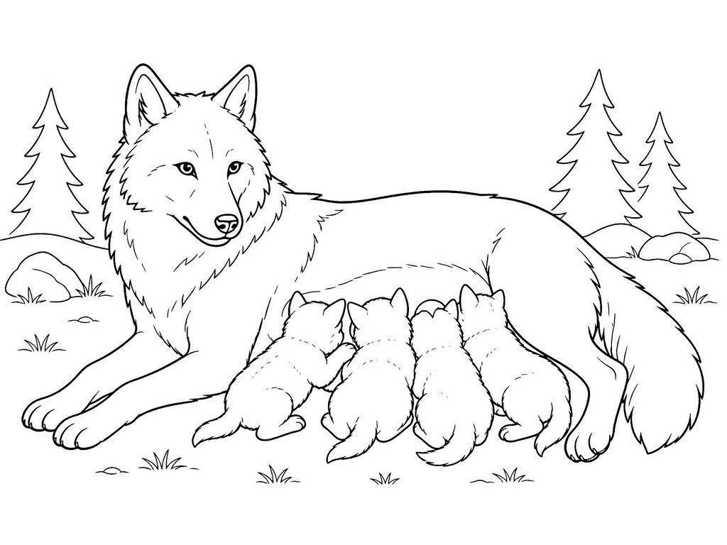 Ausmalbild Wolf Woelfin säugt Junge