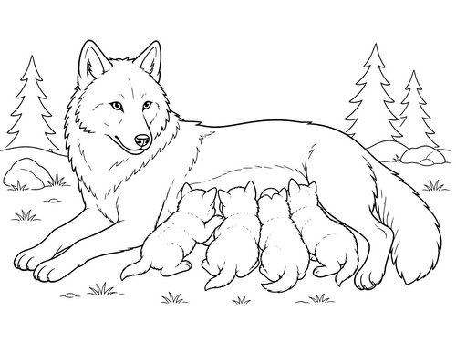 Thumbnail Ausmalbild Wolf Woelfin säugt Junge