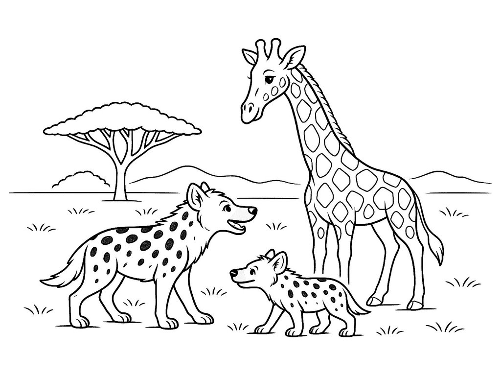 Ausmalbild Hyänen treffen Giraffe