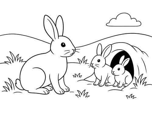 Thumbnail Ausmalbild Hase vor dem Bau