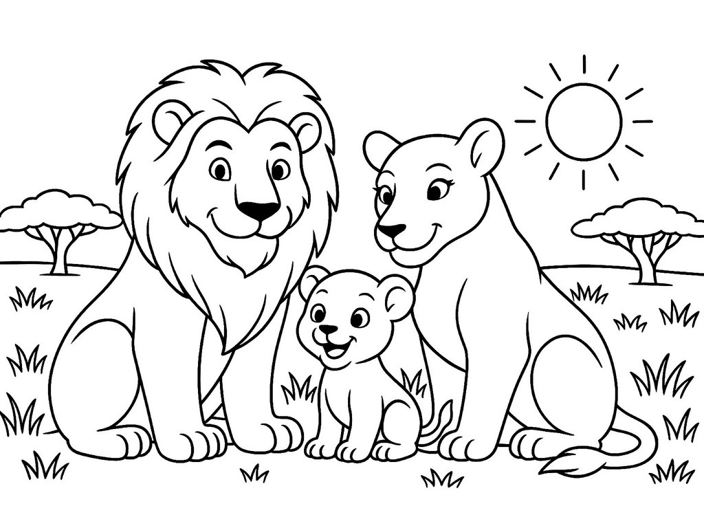 Ausmalbild Löwenfamilie in Savanne