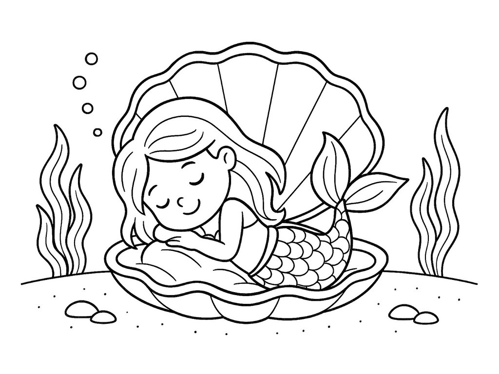 Ausmalbild Meerjungfrau schläft in Muschel