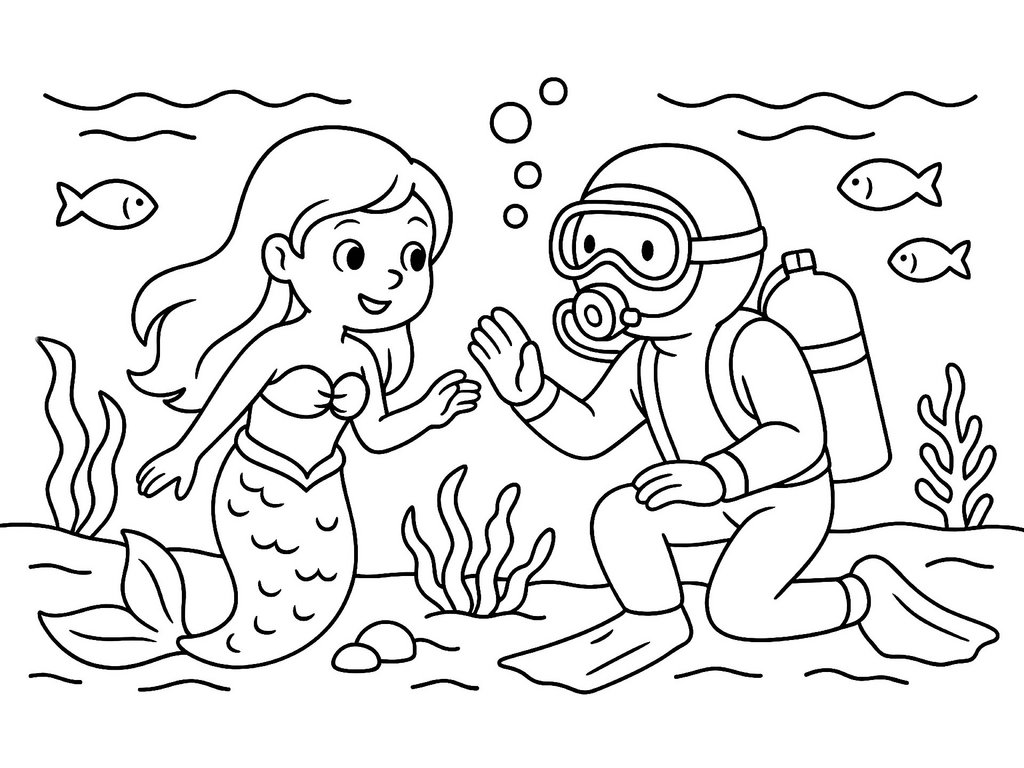 Ausmalbild Meerjungfrau trifft Taucher