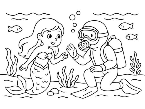 Thumbnail Ausmalbild Meerjungfrau trifft Taucher
