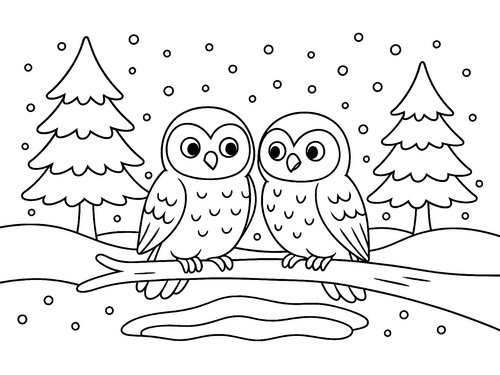 Thumbnail Ausmalbild Winter Eulen im Schnee