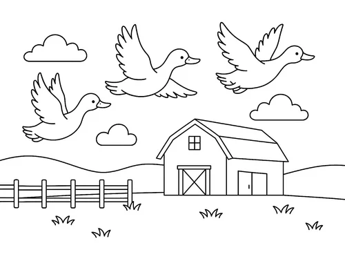 Thumbnail Ausmalbild Enten fliegen über Bauernhof