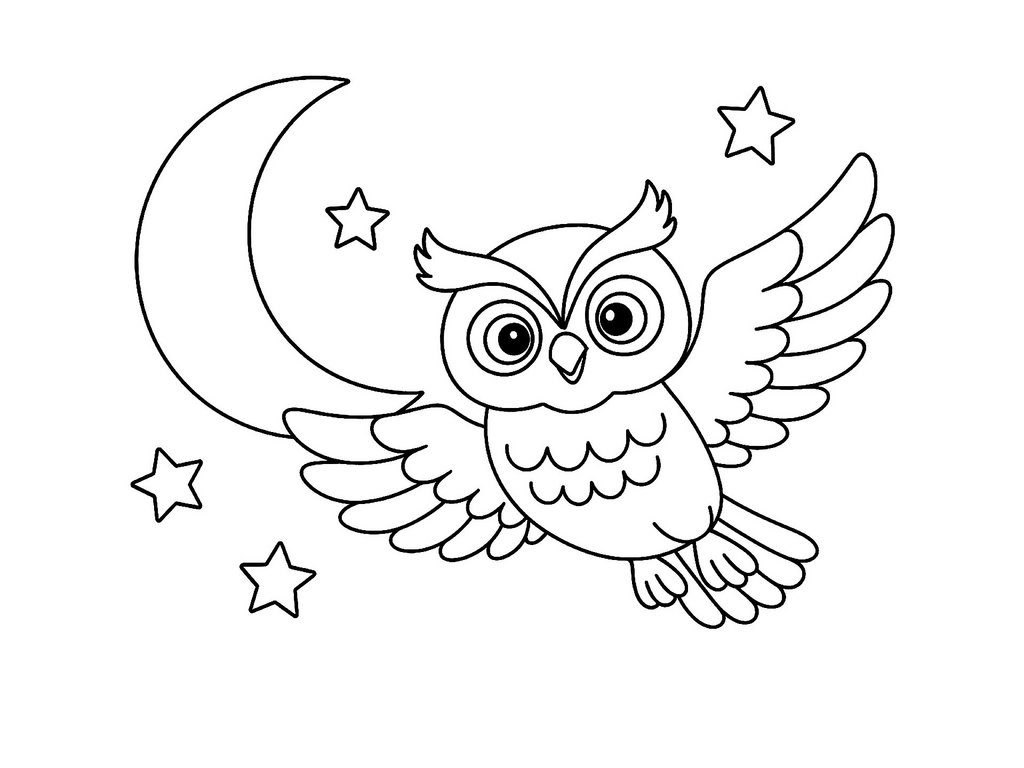 Ausmalbild fliegend Eule mit Mond