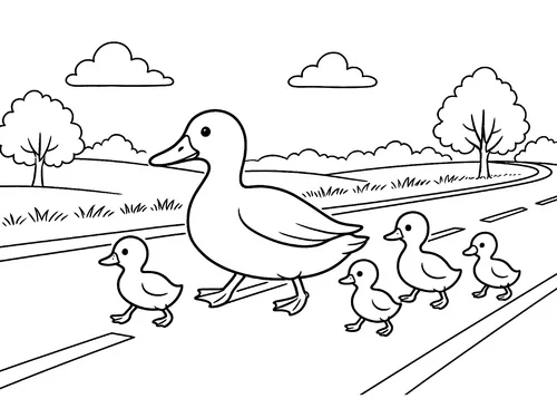 Thumbnail Ausmalbild Enten laufen über eine Straße
