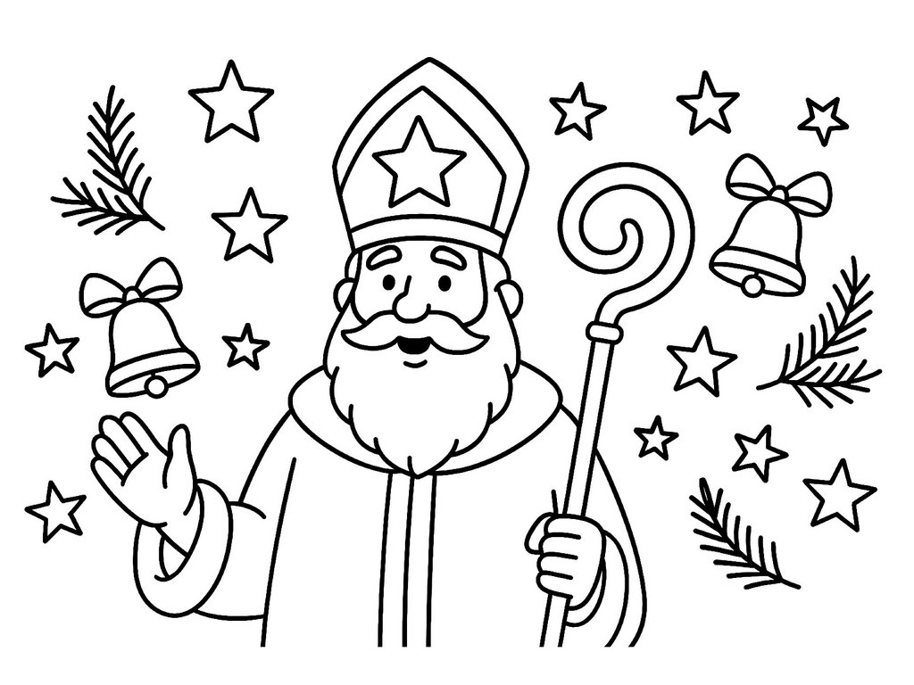 Ausmalbild Nikolaus mit Weihnachtsdeko
