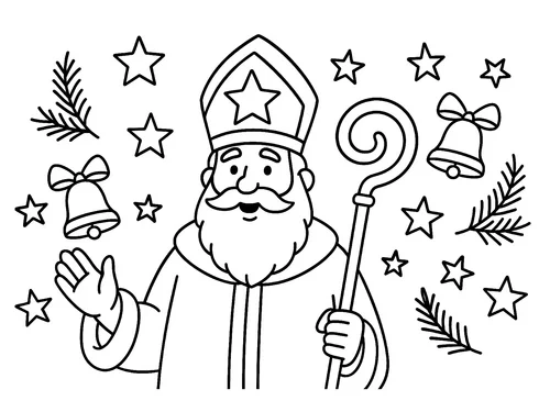 Thumbnail Ausmalbild Nikolaus mit Weihnachtsdeko